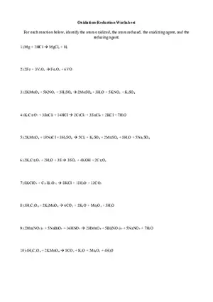 Oxidation Reduction Worksheet Answers