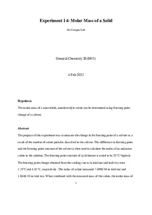 Experiment 14 Molar Mass of a Solid