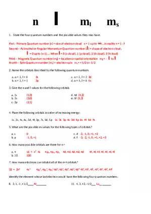 Quantum Numbers Worksheet