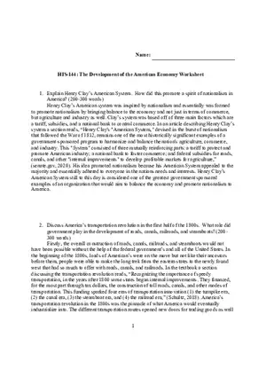 The Development of the American Economy Worksheet