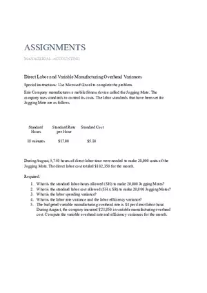 Direct Labor and Variable Manufacturing Overhead Variances Assignments
