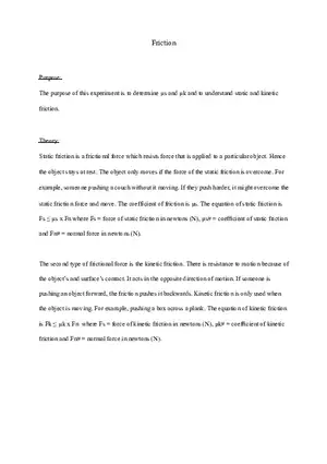 Static and Kinetic Friction Explained Purpose - Lab Report