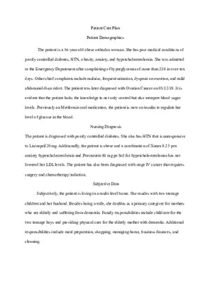 Care Plan - The Patient is a 56-year-old Obese Orthodox Woman