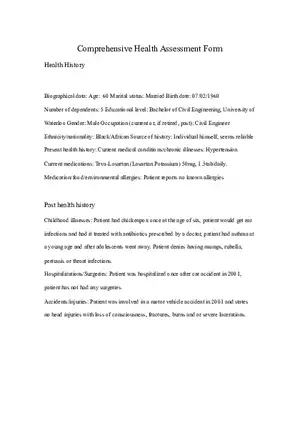 Comprehensive Health History Assignment of Patient