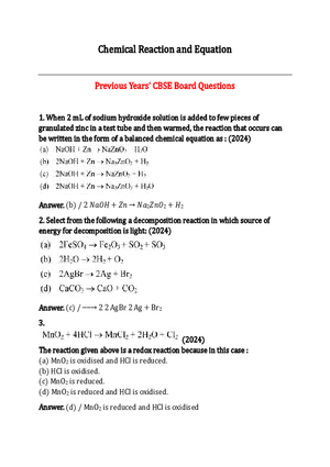 Chemical Reaction and Equation CBSE Board Questions