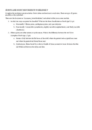 Anatomy and Physiology Joints Worksheet