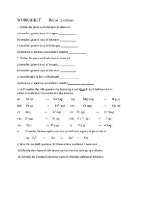 Redox Reactions Worksheet