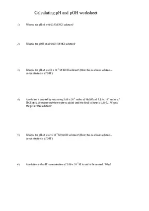 Calculating p H and p OH Worksheet