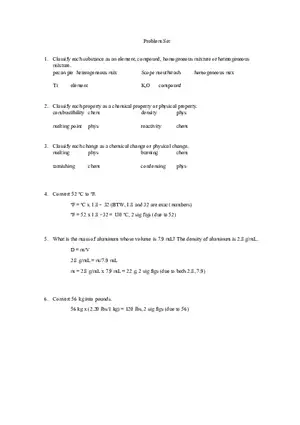 Classification of Matter, Properties, and Changes in Chemistry Problem Answers