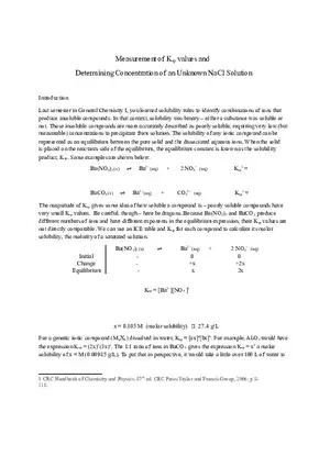 Measurement of Ksp Values and Determining Concentration of an Unknown NaCl Solution Lab Answers