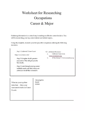 Worksheet for Researching Occupations