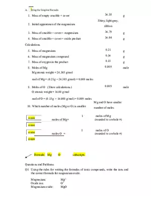Lab Moles and Chemical Formulas