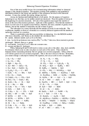 Chemistry Balancing Equations Worksheet