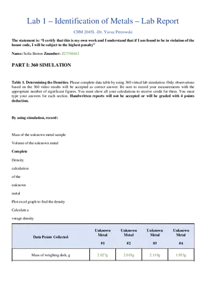 Lab 1 - Identification of Metals - Lab Report
