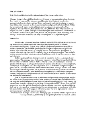 The Use of Biochemical Techniques in Identifying Unknown Bacteria #4 Report