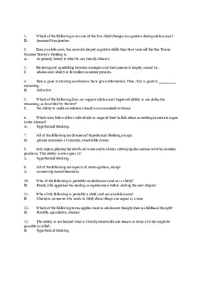 Cognitive Development in Adolescence Test