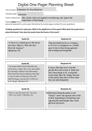Fahrenheit 451 Digital One Pager Planning Sheet