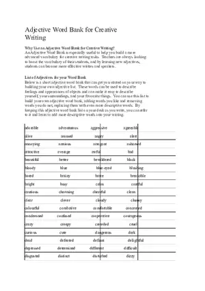Adjective Word Bank for Creative Writing