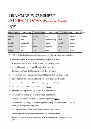 Grammar Worksheet Adjectives