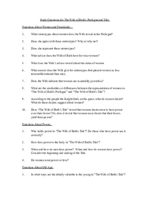 Study Questions for The Wife of Bath’s Prologue and Tale