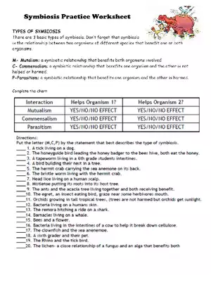 Symbiosis Practice Worksheet