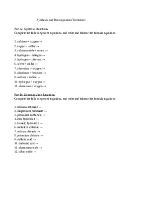 Synthesis and Decomposition Worksheet