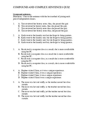 Compound and Complex Sentences Quiz