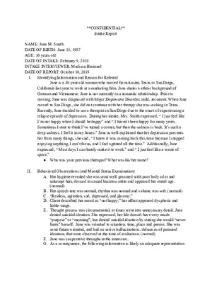 Psychological Intake Assessment Jane's Case of Major Depressive Disorder