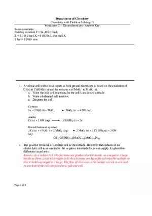 Worksheet 2 Electrochemistry - Answer Key