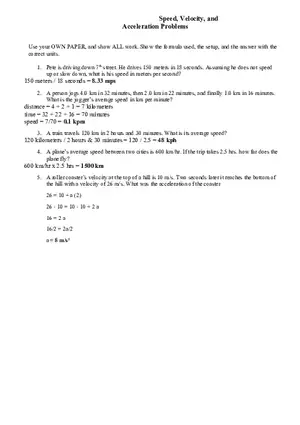 Speed, Velocity, and Acceleration Problems Key