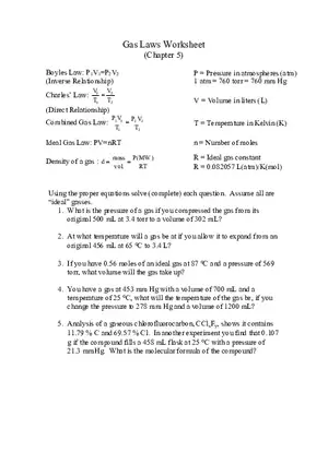 Gas Laws Worksheet (Chapter 5)