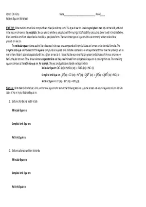 Net Ionic Equation Worksheet - Answers