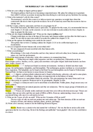 Microbiology - Chapter 1 Worksheet