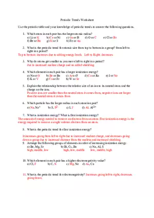 Periodic Trends Worksheet Key