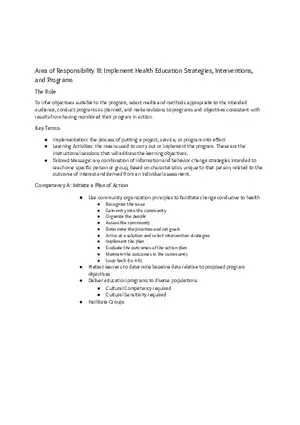 Area of Responsibility III Implement Health Education Strategies, Interventions, and Programs