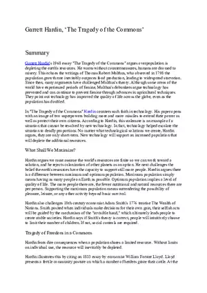 Garrett Hardin The Tragedy of the Commons Summary