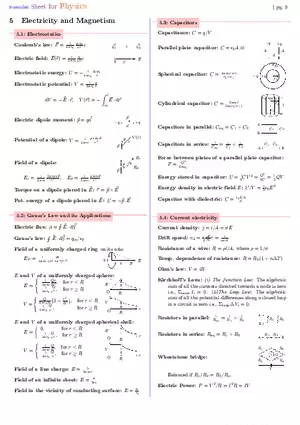 Formula Sheet for Physics Electricity and Magnetism