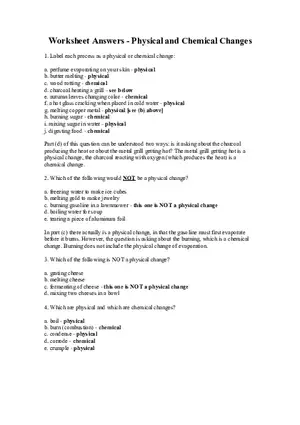 Worksheet Answers - Physical and Chemical Changes