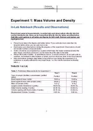 Experiment 1 Mass Volume and Density