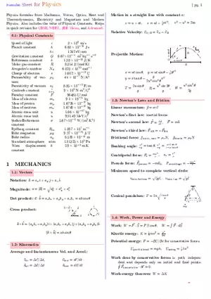 Formula Sheet for Physics Mechanics