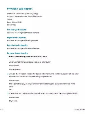 Activity 1 Metabolism and Thyroid Hormone