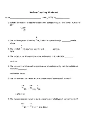 Nuclear Chemistry Worksheet
