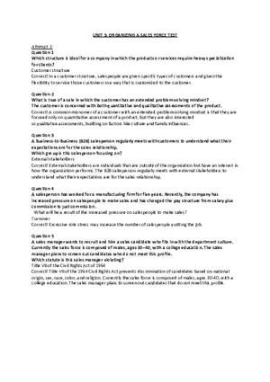 Unit 5 Organizing a Sales Force Test