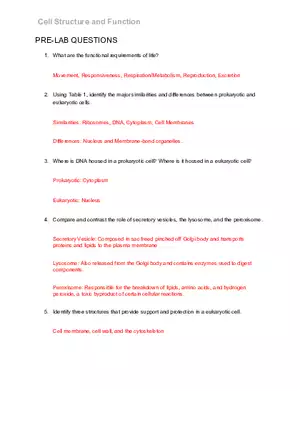 Cell Structure and Function Pre-lab Questions