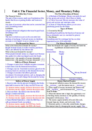 Macroeconomics Unit 4 The Financial Sector, Money, and Monetary Policy