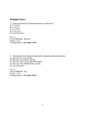 Chapter 1 Introduction to the Chemistry of Life  Multiple Choice