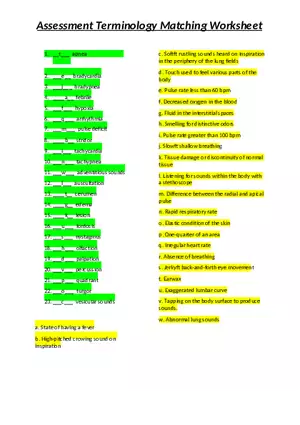 Assessment Terminology Matching Worksheet
