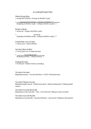 Accounting Formula Sheet Final Exam
