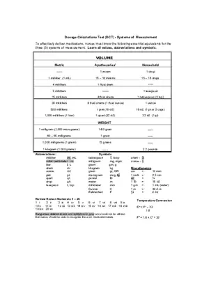 Dosage Calculations Test (DCT) - Systems of Measurement Chart