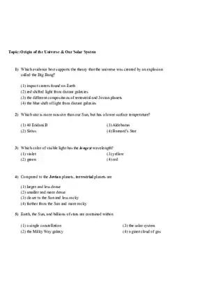 Origin of the Universe and Our Solar System Answer Key